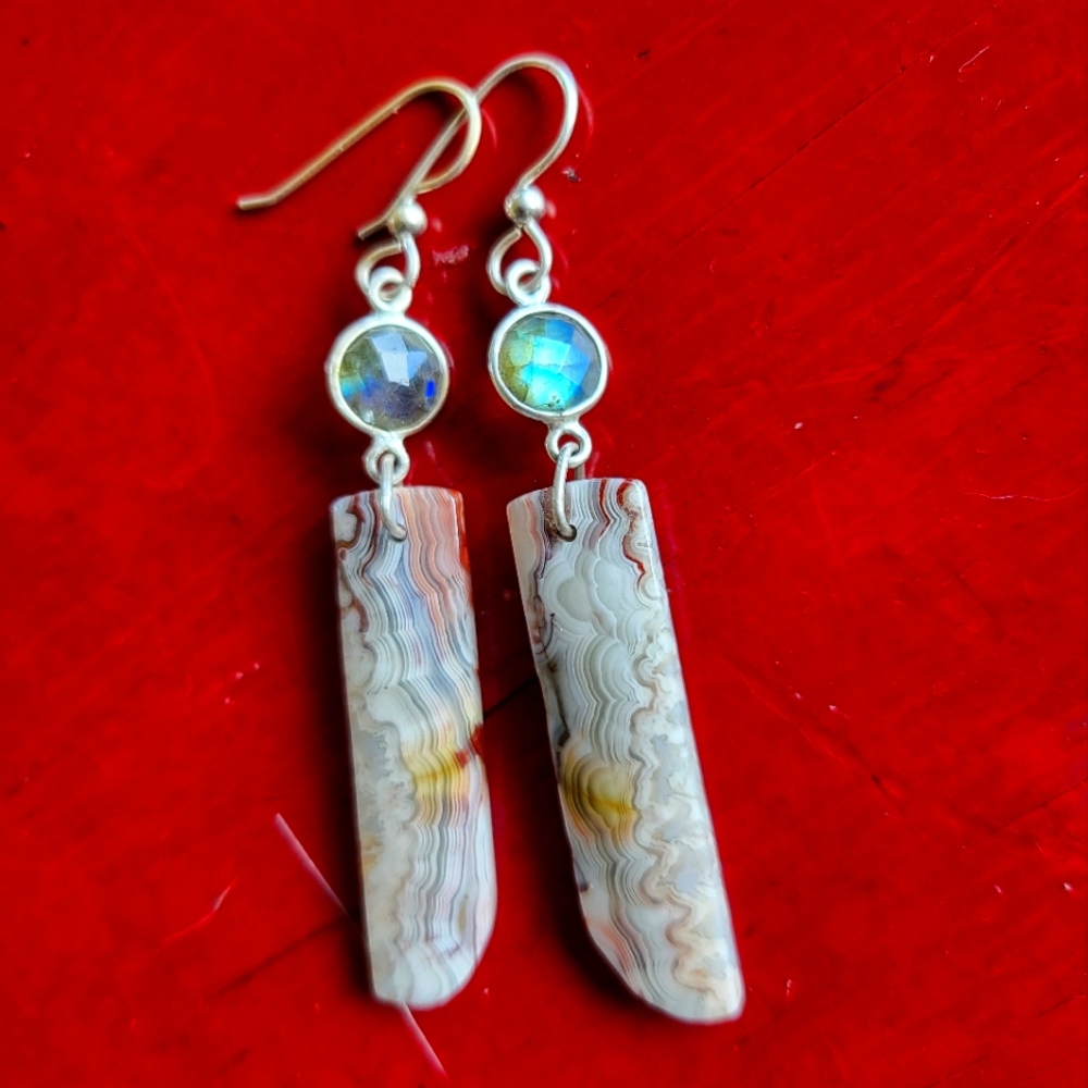 925 Sterling Silver Genuin Labradorite Agate Dangle Handmade Boho Drop Earrings